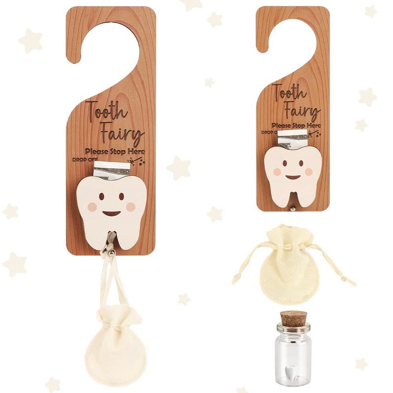 WALLFID 3Piece Set,Tooth Fairy Tooth Holder,Tooth Fairy Door Hanger,Keepsake Bottle & Velvet Bag for Lost Teeth,Encouraging Gift for Boys and Girls. (Wood Color) - Image 1